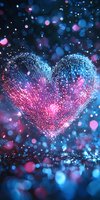 Glowing heart shape formed by luminous pink and blue particles against dark background with bokeh effects, creating magical romantic atmosphere.