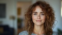 Young Caucasian woman with curly brown hair smiling warmly in modern home interior. Natural lighting highlights her friendly expression and relaxed demeanor.