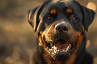 Close-up portrait of happy Rottweiler dog with friendly expression and warm brown eyes against blurred natural background with golden bokeh lighting effect.