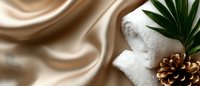 Luxurious spa composition with white rolled towels, palm leaf and pine cone on silky beige satin background. Wellness and relaxation concept.