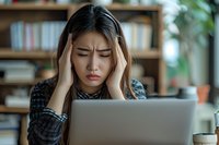Young Asian woman experiencing stress and headache while working on laptop at home office, perfect for health, mental wellness, and work-life balance concepts.