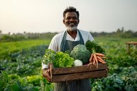 Senior farmer with gray beard holding wooden crate of fresh organic vegetables in lush green farm field during golden hour light.