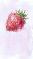 Watercolor strawberry illustration with soft pink and red tones on light purple background for kitchen decor and food design projects.