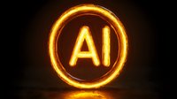 Glowing neon AI symbol in circle shape with orange fire effect on dark background, artificial intelligence concept for technology and innovation.
