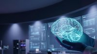 Futuristic holographic brain projection in businessman hand with digital data screens in modern office environment for artificial intelligence concepts.