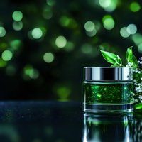 Luxury cosmetic jar with green leaves and white flowers on dark background with bokeh lights, reflecting surface creates elegant spa atmosphere.