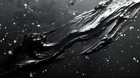 Dark flowing liquid with dynamic splashes and droplets against black background creates dramatic abstract composition with high contrast monochromatic effect.