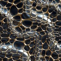 Abstract metallic cellular network pattern with golden edges and dark chrome cells creating an organic honeycomb-like structure with reflective surfaces.