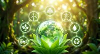 Green earth globe in hands with eco icons surrounded by renewable energy symbols in natural forest setting for environmental sustainability campaigns.
