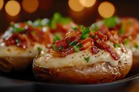 Loaded baked potato with crispy bacon bits, fresh herbs, and melted cheese on dark plate with warm bokeh background lighting creates appetizing mood.