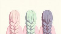 Young women with pastel colored braided hair in pink, mint green and purple shades shown from behind, creating soft feminine aesthetic for beauty and fashion designs.