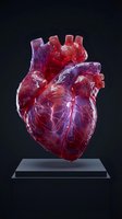 Anatomical human heart model in translucent glass with red and purple colors on dark background for medical education and healthcare presentations.