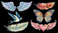 Watercolor wings and feathers collection with bird, butterfly, and heart designs isolated on transparent background. Ready for t-shirt designs, clipart, stickers, sublimation, and print-on-demand projects.