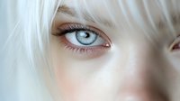 Close-up portrait of young Caucasian woman with striking blue eyes and platinum blonde hair. Natural makeup with long eyelashes for beauty concepts.