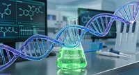DNA double helix structure with laboratory glassware and molecular formulas on digital screens in modern scientific research facility for biotechnology studies.
