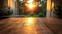 Rustic wooden table surface with warm sunset light streaming through window, creating cozy atmosphere with blurred garden background and natural lens flare effect.