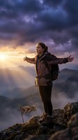 Young female hiker with backpack celebrating triumph on mountain peak at dramatic sunset with arms outstretched against stormy sky and golden light rays.