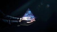 Businessman hands holding glowing holographic pyramid with network connections in dark space representing digital technology and futuristic business concepts.