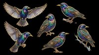 Iridescent starling birds in multiple poses isolated on transparent background, ready for stickers, t-shirt design, clipart, sublimation, and print on demand.
