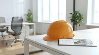 Orange safety helmet and construction documents on modern office desk with blurred meeting room background for architectural and engineering projects.