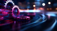 Metallic gears with glowing pink and blue neon lights against dark background, creating futuristic industrial atmosphere with motion blur and bokeh effects.