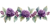 Watercolor purple hydrangea border with sage green leaves arranged in horizontal composition, floral design element on white background for wedding stationery.