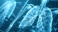 Anatomical visualization of human lungs with bronchial tree structure glowing in blue neon light against dark background, showing detailed vascular system.