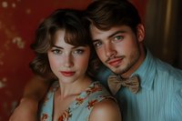 Romantic portrait of young couple in vintage style clothing. Woman in floral dress and man in bow tie pose intimately against moody atmospheric background.