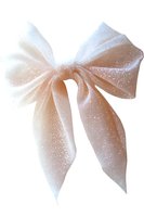 Elegant white satin bow with subtle glitter effect on transparent background, suitable for digital design, gift wrapping, and holiday decorations.