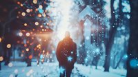 Silhouette of person standing in snowy winter street with glowing bokeh lights and digital data overlay, representing technology, innovation, and urban connectivity.