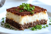 Layered chocolate dessert with creamy vanilla custard filling, topped with cocoa powder and fresh parsley garnish on white plate, close up view.