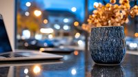 Atmospheric evening restaurant setting with blue textured glass candle holder on wooden table, bokeh lights and laptop in background, cozy dining ambiance.