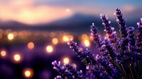 Purple lavender flowers in foreground with warm golden bokeh lights and mountain sunset backdrop creating dreamy romantic atmosphere for wellness spa design.