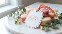 Colorful macarons with Happy Easter gift tag and eucalyptus branches on white marble surface for spring holiday celebration and festive dessert styling.