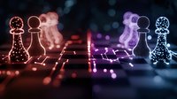 Glowing chess pieces on digital circuit board with neon lights in pink and blue colors creating futuristic atmosphere for technology and strategy concepts.