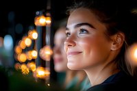Young woman with dark hair and light skin gazing upward with a serene expression, surrounded by warm golden bokeh lights at night, conveying hope and contemplation.