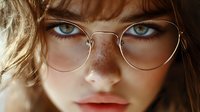 Close-up portrait of a young Caucasian woman with freckles, green eyes, and round gold-frame glasses, intense gaze, natural light.