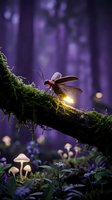 Glowing firefly beetle on moss-covered branch in enchanted purple forest with mushrooms and magical lighting for fantasy nature designs.