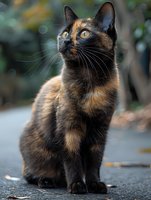 Tortoiseshell cat with bright yellow eyes sitting outdoors and looking up attentively against blurred natural background. Close-up portrait showing distinctive coat pattern.