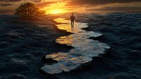 Silhouette of person walking along surreal floating pathway over stormy ocean at sunset, dramatic golden sky and lone tree creating mystical atmosphere.