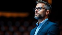 Mature male professional with gray beard and dark hair wearing blue blazer and glasses, looking thoughtfully to the side against blurred warm-toned background. Corporate business portrait.