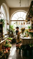 Female florist arranging fresh flowers in bright studio workspace with arched windows, dried botanicals, and potted plants for floral design and small business concepts.