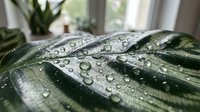 Large green tropical plant leaves with water droplets after rain or watering, natural moisture on foliage surface for botanical and gardening concepts.