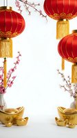 Red lanterns with golden tassels and cherry blossom branches frame white space with gold ingots for lunar new year celebration decorations.