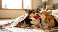 Two adorable corgi dogs cuddling together under cozy blanket on bed in warm sunlit bedroom interior with heart-shaped toy between them.