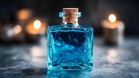 Magical blue potion in square glass bottle with cork stopper against dark background with glowing candles creating mystical atmosphere.