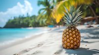 Fresh pineapple on tropical beach with palm trees and turquoise ocean water creating summer vacation paradise scene for travel and holiday concepts.