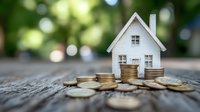 Small wooden house model surrounded by golden coins on rustic wood surface with blurred green nature background for real estate investment concepts.