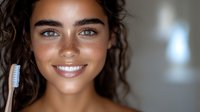 Young Mediterranean woman with natural freckles and curly dark hair smiling while holding toothbrush, representing dental care and oral hygiene concept.