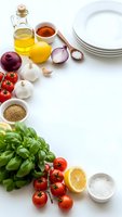 Fresh cooking ingredients arranged on white background with olive oil, tomatoes, basil, garlic, onion, lemon and spices for culinary preparation.